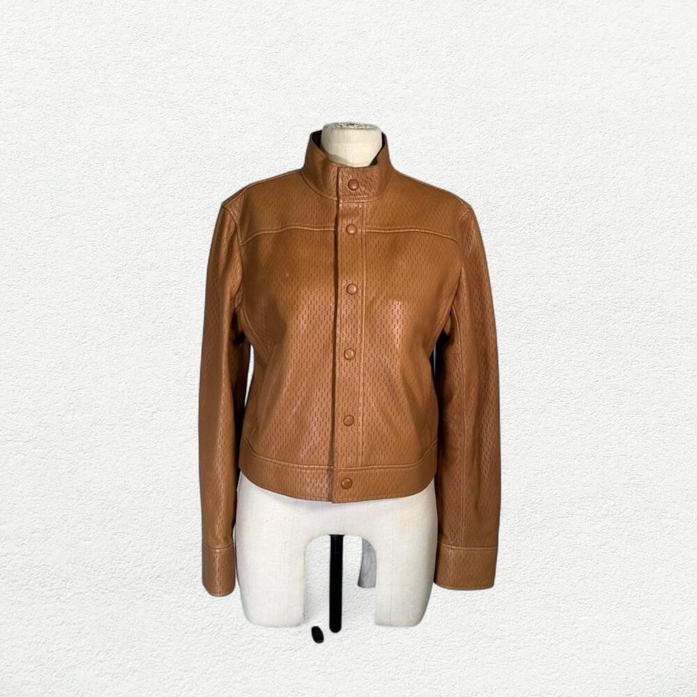 FRAME The Leather Trucker Jacket in Ochre Light Brown